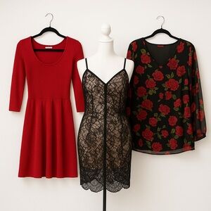 Curated Bundle • Romantic Rose Capsule S/M • Red Dress + Lace Slip (NWT) + Rose
